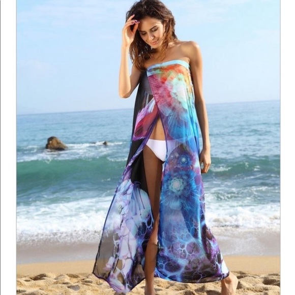 Colorful Blue Print Chiffon Beach Coverup - Picture 4 of 5
